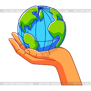 Рука, держащая Землю. Концепция экологии для - векторизованное изображение