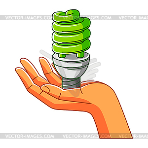 Рука энергосберегающей лампочки. Экология - векторный графический клипарт