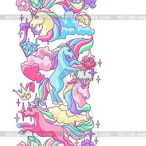 Seamless pattern with unicorns and fantasy items - vector image