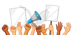 Hands with banners. Picket signs or protest placard - vector clipart / vector image