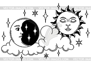 Magic with sun and moon. Mystic, alchemy, - vector clipart