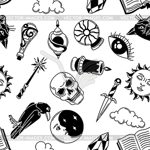 Magic seamless pattern with mystery items. Mystic, - vector image