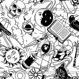 Magic seamless pattern with mystery items. Mystic, - royalty-free vector image