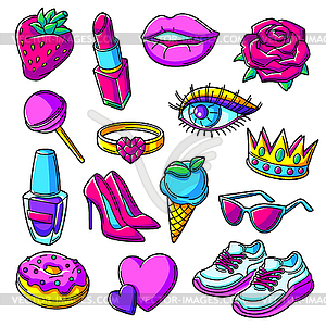 Set of fashion girlish patches. Colorful cute - royalty-free vector clipart