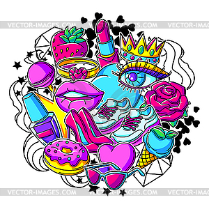 Print with fashion girlish patches. Colorful cute - vector image