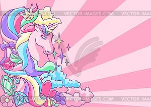 Background or card with unicorn and fantasy items - vector image