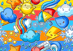 Seamless pattern with cute kawaii weather items. - vector clipart