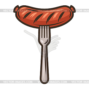 Fried sausage on fork. Object in engraving style. - vector EPS clipart