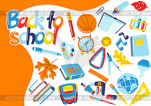 School background with education items. supplies an - vector clip art