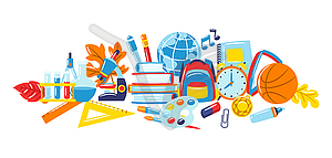 School background with education items. supplies an - vector image