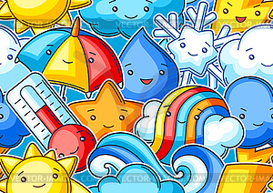Seamless pattern with cute kawaii weather items. - vector clip art