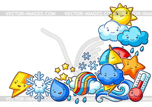 Background with cute kawaii weather items. Funny - color vector clipart