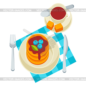 Breakfast . Tasty pancakes on plate and cofee. - vector clipart