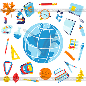 School background with education items. supplies an - royalty-free vector clipart