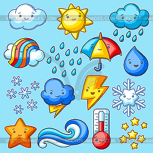 Set of cute kawaii weather items. Funny seasonal - vector clip art