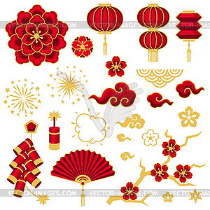 Happy Chinese New Year set of decorative objects. - vector image