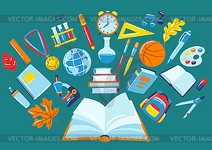 School background with education items. supplies an - vector image