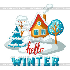 Cute house in forest. Winter stylized . Merry - vector clipart