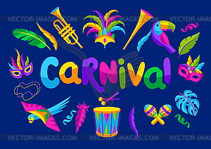 Carnival party background with celebration icons, - vector image