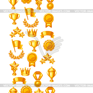 Awards and trophy seamless pattern. Reward items - vector image