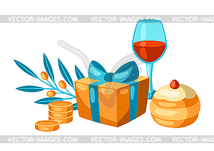 Happy Hanukkah background with religious symbols. - vector clip art