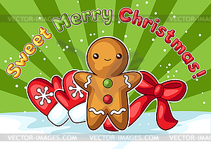 Sweet Merry Christmas greeting card. Cute character - vector image