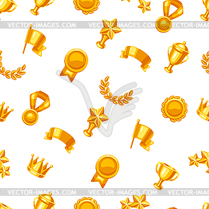 Awards and trophy seamless pattern. Reward items - vector clip art