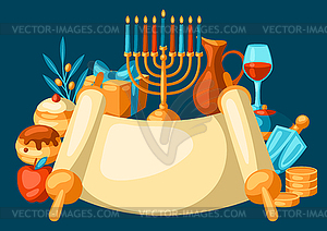 Happy Hanukkah background with religious symbols. - vector image