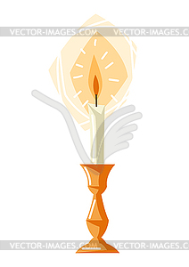 Burning candle in candlestick. Symbol of Faith and - vector image