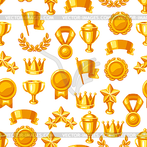 Awards and trophy seamless pattern. Reward items - vector clipart