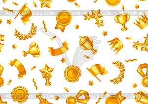 Awards and trophy seamless pattern. Reward items - vector image