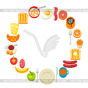 Healthy breakfast frame. Various food and drinks. - vector image