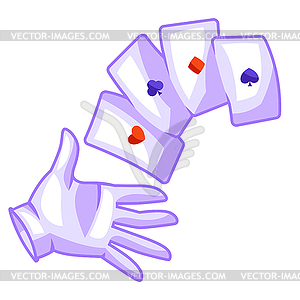 Magician hand in white glove with playing cards. - vector image