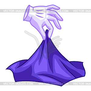 Magician hand with glove lifts fabric. Trick or - vector clipart