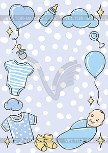 Happy Birthday decorative frame. Holiday baby boy - vector clip art