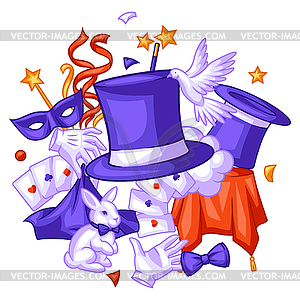 Magician background with magic items. Illusionist - vector clipart