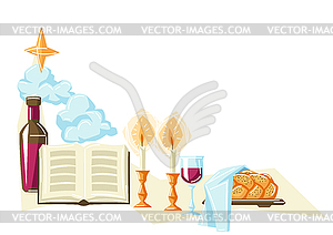 Shabbat Shalom background with religious objects. - vector image