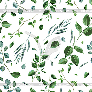 Seamless pattern with branches and green leaves. - vector clipart