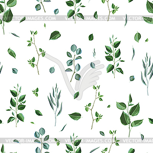 Seamless pattern with branches and green leaves. - vector image