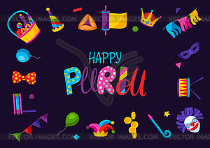 Happy Purim Jewish holiday frame. Background with - vector image