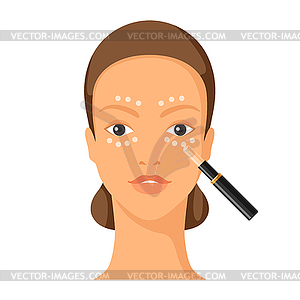 Process of applying concealer to face. beautiful - vector image