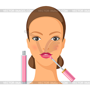 Process of applying lip gloss to face. beautiful - vector image