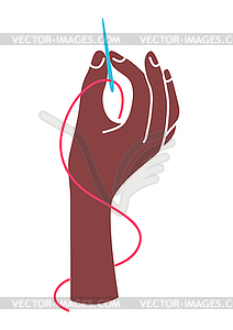 Рука держит иглу и нить. Швейное рукоделие - иллюстрация в векторном формате