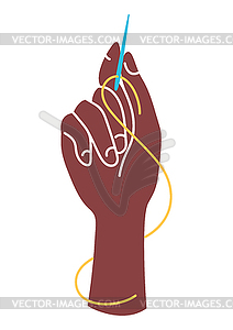 Hand holds needle and thread. Sewing needlework - vector clipart