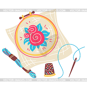 Embroidery needlework. Handicraft and . Feminine - vector clipart