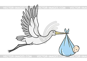 Stork carries newborn baby boy. Happy Birthday - vector clipart