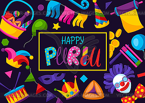 Happy Purim Jewish holiday greeting card. Backgroun - vector image