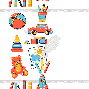 Seamless pattern with various kids toys. Happy - vector image