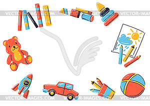 Frame with various kids toys. Happy childhood - vector clip art