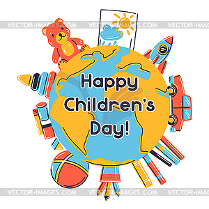 Happy children day greeting card. earth with variou - vector clip art